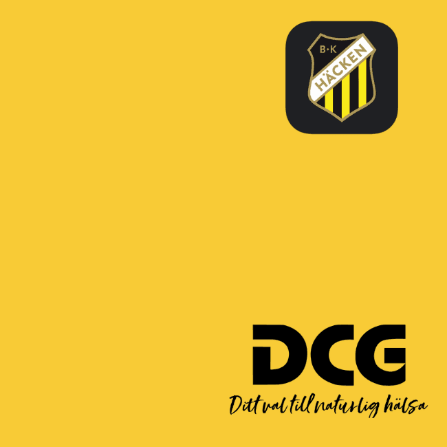 Gul banner med BK Häcken och DCG loggor.
